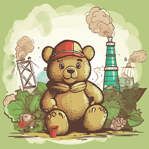 teddy bear smoking marijuana that is wrapped in a hemp leaf with a edible factory in the background, marijuana plants in the background, candy machines, vector art,