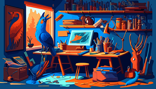 a vector art of a colorfull atelier with a art desk table in the middle and a lot of fine artist stuff, surrounded by llamas, foxes and birds. predominant colors: klein blue, orange and avocato green.