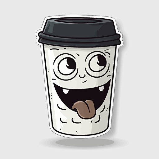 sticker design, super cute pixar white cup filled with black coffee, black lid, vector