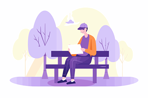 A young man reading a book, sitting on a park bench, sunny. Artsy flat vector illustration, light purples, white background