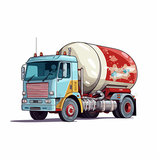 concrete mixer truck, 2D vector style, cartoon, white background, side view