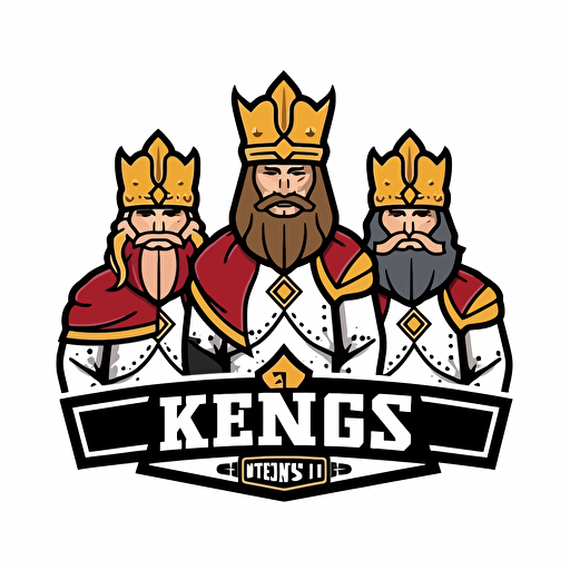 nfl sports team logo, containing three kings holding large beers. Team name. Border. Vector style, simple and flat. White background.