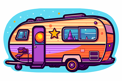2d illustration, space themed 1970's trailer simple vector colorful sticker