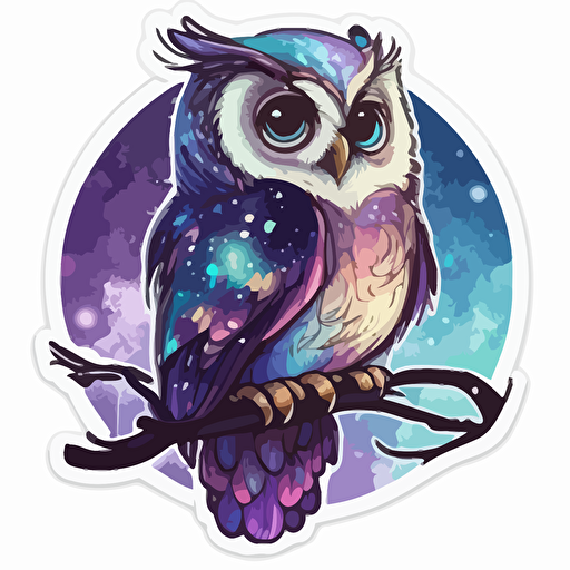 sticker of cute vector painting galaxy owl, purple and blue colors,white background disney-inspired