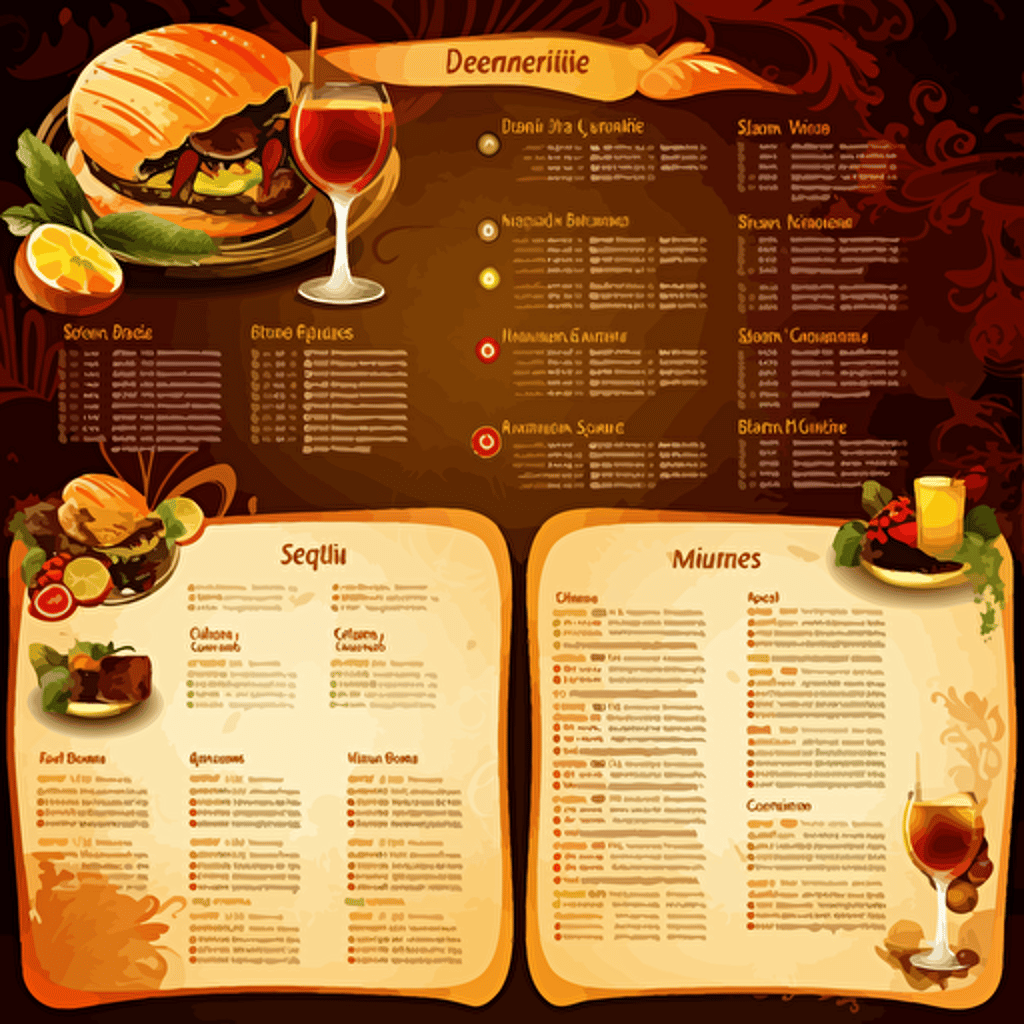 Restaurant, Latin Caribbean Food menu designs, cuban and puerto rican food, tropical, [blue, brown, orange, and gold color scheme here]::3 modern, clean, design, vector, items, food, RTX