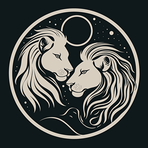 the lion zodiac sign, shall comtain two lions, romantic stile, simple, black and white, vector art, simple, flat desing, shall be circular, no grey shading