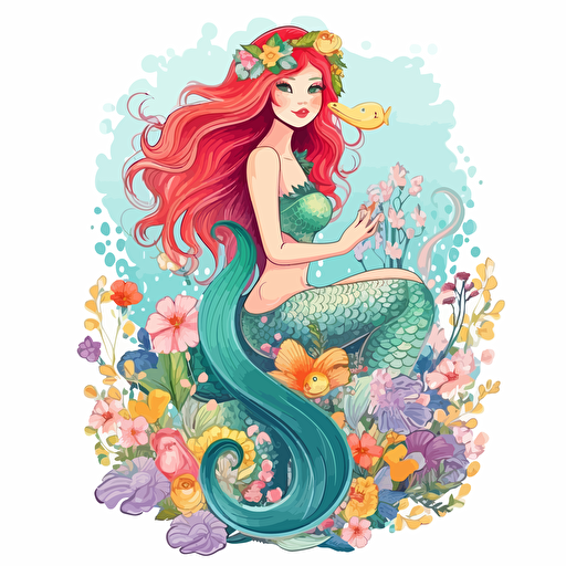 beautiful mermaid, detailed, cartoon style, 2d clipart vector, creative and imaginative, floral, hd, white background