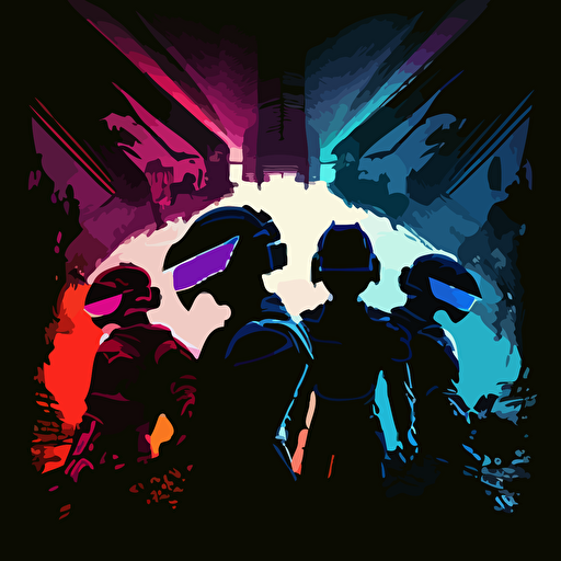 a silhouette of 4 people wearing VR headsets facing off in a battle arena, flat, vectorized, futuristic colors