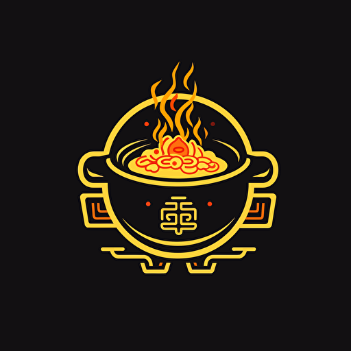 hot pot, logo, simple, vector, stroke, chinese style, yellow color, black background