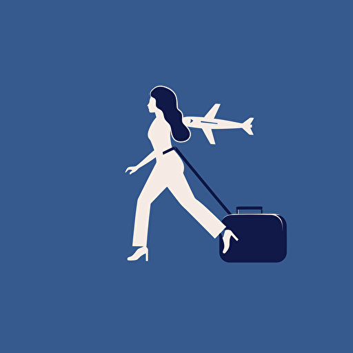 a minimalistic logo of legs with a baggage walking to catch the plane lifting off clothes inside fell out, behind her you can see a commercial airplane , flat logo, vectorial,