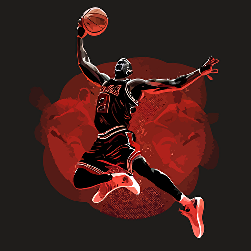 Michael Jordan flying in the air with a basketball, black red background, 2d illustration, ink, detailed facial expression, vector art