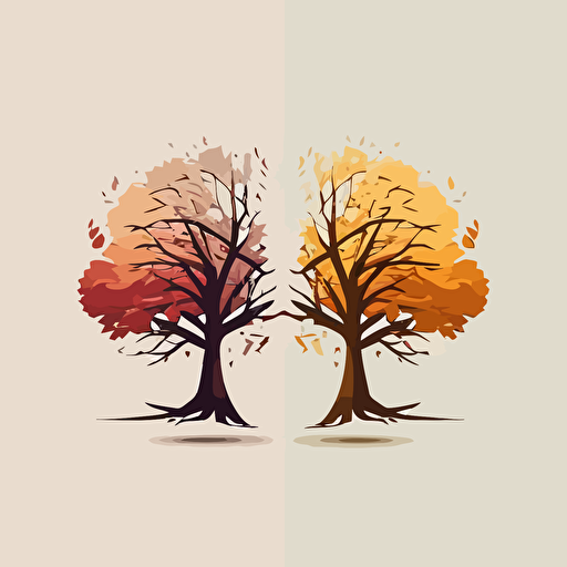 3 color symbol logo of two oak trees side to side, it has to be geometrical, simple, elegant, warm colors, vector.
