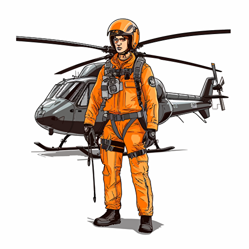 man with a helicopter uniform and a helmet standint ing front of a helicopter. vector. white background. no background