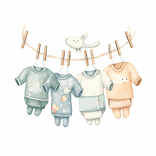 whimsical and cute watercolor design of gender neutral baby clothes hanging on clothespin, neutral colors, detailed, vector