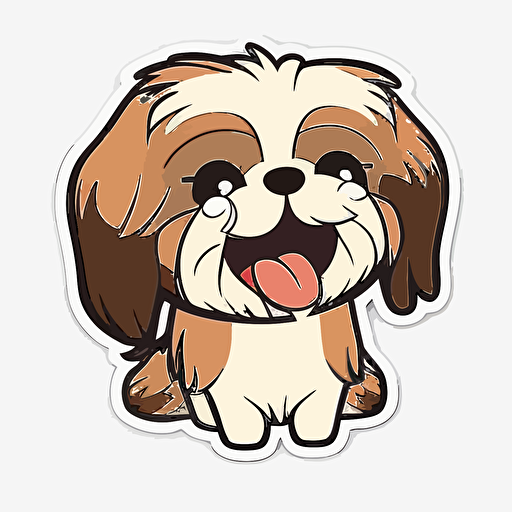 Cute, happy, smiling shih tzu dog head sticker logo, dog tongue out, chibi style, cartoon, clean, vector, 2d, white background, no accessories, without accessories, no text, without text