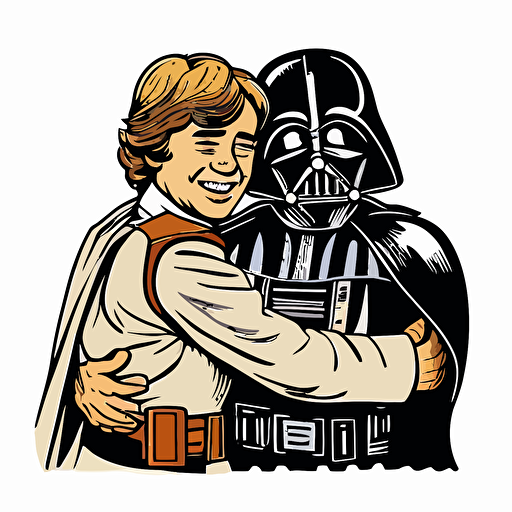 Darth vader and luke skywalker hugging and smiling, Clipart, Joyful, Primary Color, comic style, Contour, Vector, White Background, Detailed