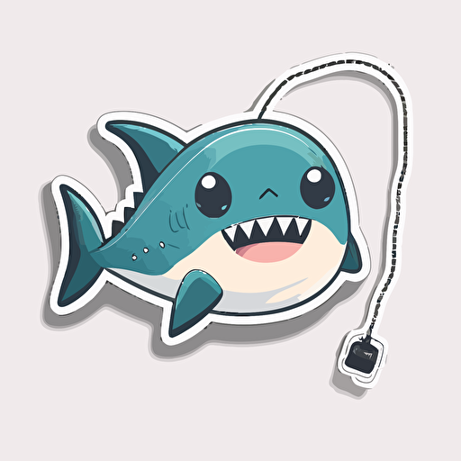 die-cut sticker, cute kawaii megalodon on a leash sticker, white background, illustration crisp minimalism, vector, oceanic tones.