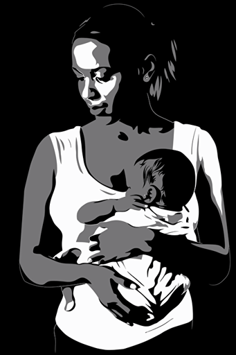a stunning caucasian mother nursing her baby in her arms closely against her large pectorals, black and white vector with strong contrast on a solid white background