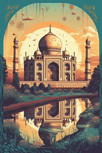 taj mahal postcard, mythic-art nouveau, tachist, vector