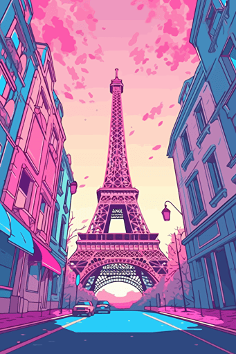 flat vector art illustration | travel poster featuring | Eiffel Tower Paris | Pastel Blues, Pinks, Purples | Wide Angle | detailed object