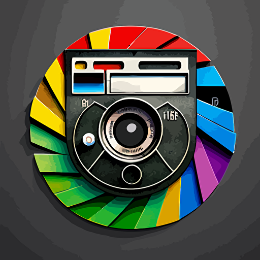 vector drawn logo, 3-1/4" floppy disk, cinema lens iris, colour wheel