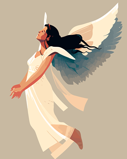 a beautiful Spanish female angel flying in the sky with large wings, hands up in the air, simple limited colors, vector styled, left profile, side view