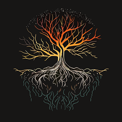 logo, simple, minimal line, vector, tree of life with lava flowing below the roots, black background