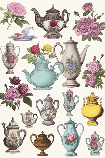 resoulution300, cmyk, sticker sheet of different types of antique tea pot set, flowers, soft pastel color, antique style, white background, hd, gouache, notoverlapeachother,only6imagesperonesheet, whitevector