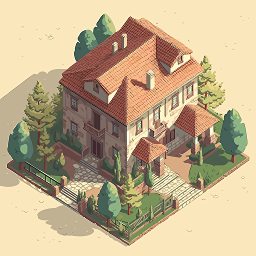 old spanish villa, single story, hill, forrest, picturisque, isometric, vector, kids