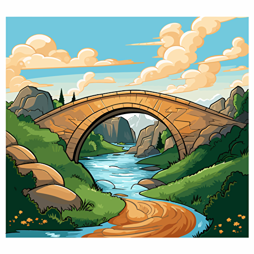 draw vector cartoon style a footpath with a bridge with 3 high arches over a deep valley with no background and details