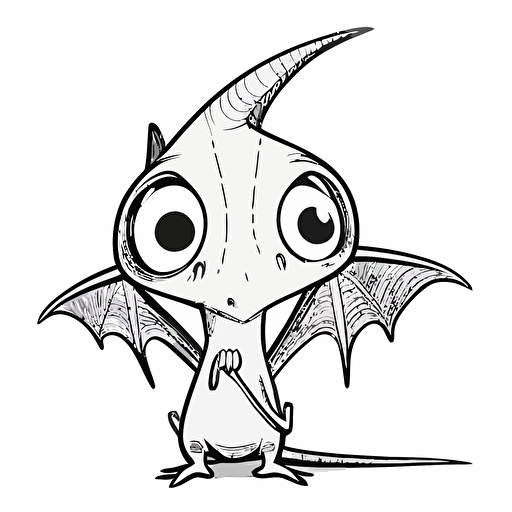 Cute Pteranodon, big eyes, Pixar style, simple outline and shapes, coloring page black and white comic book flat vector, white background