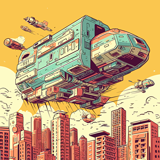 animated image of a spaceship pulling boxes out of a city, vector art style, v