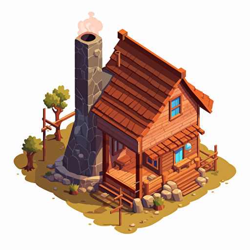 Cartoon vector style wodden hut with chimney, isometric view, transparent background