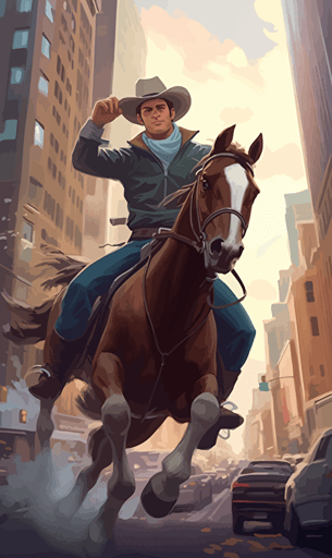 a cowboy competing in a rodeo in the middle of madison avenue in new york city vector art