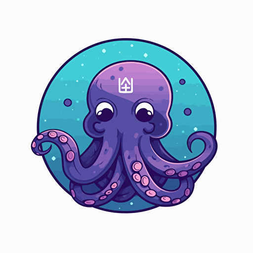 flat 2d vector logo of a cute octopus, muted purple and blue colors, 80s,galaxy-inspired