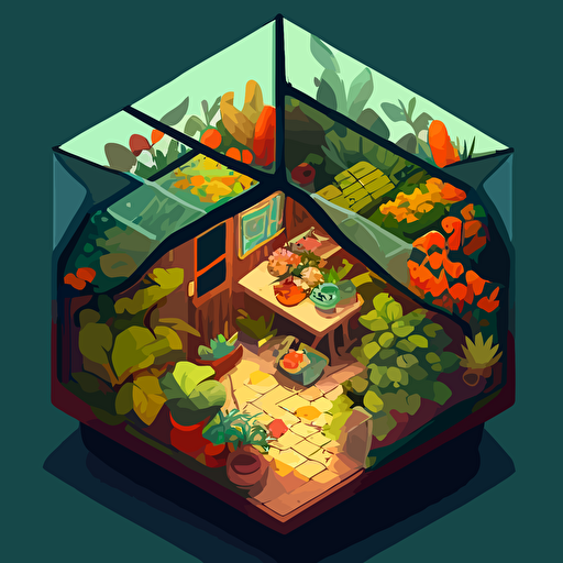 a greenhouse in a vegetable garden, in the style of a top-down view videogame, 2D, vector art, procreate, quirky visual storytelling, still life, fun, cozy, bloomcore, vibrant colors, cute