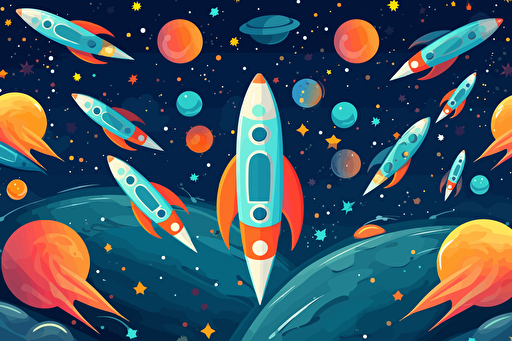 starry space sky, with vector image rockets flying through space, background design, HD,