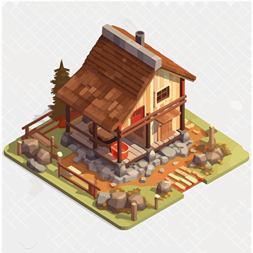 Low poly Cartoon vector style simple wooden hut, house of park ranger, isometric view, transparent background