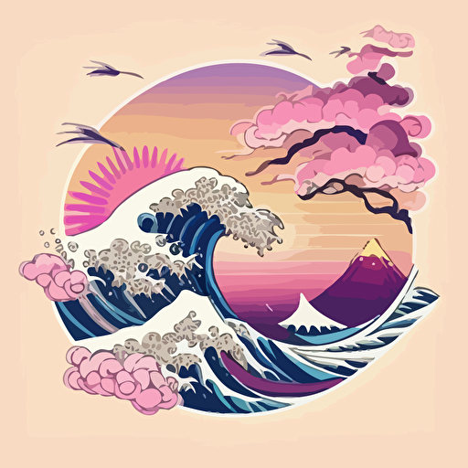 hokusai waves in vaporwave style, pastel colors, vectore, flat background, logo