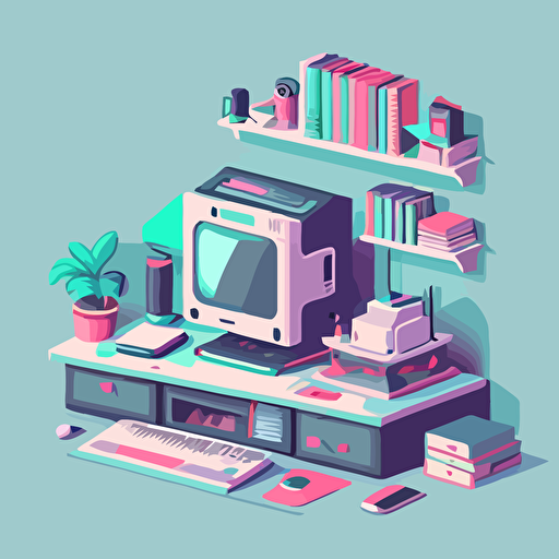 a clean desk with no clutter on white background in a vector art 80s style