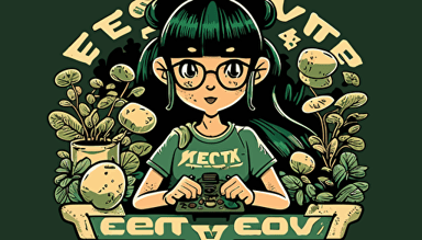 logo, retro illustration style, cozy games in sage green tones, with a video game theme, that is a gamer girl with black hair and bangs and glasses who likes plants and mushrooms and plays video games in pc gamer you can add a keyboard and mouse and the girl's name is yeyekat logo vector, in the style of alex gross, emphasizes emotion over realism, jim mahfood, fish-eye lens, vaporwave, pierre-mony chan, dreamy realism , cartoon ,
