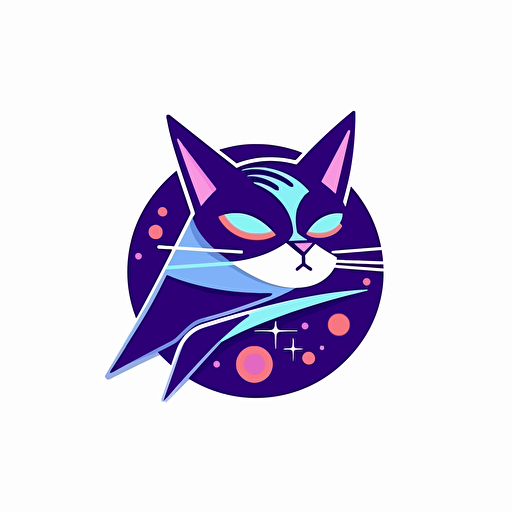 flat 2d vector logo of a space traveling batlle warrior cat, minimalist, purple and blue colors