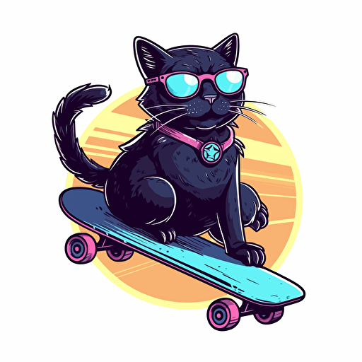 a vector illustration of a black cat riding a longboard skate, sticker design, the cat has cool sunglasses, isolated on white background