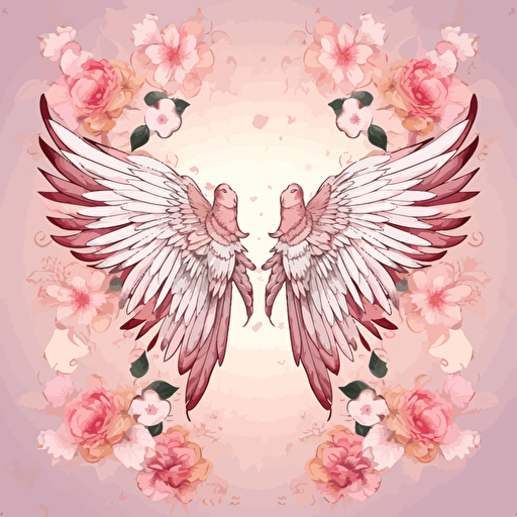 Illustration, one big pair of white angel wings, no body, just the wings, pink flowers outside the wings, simle mandala background, waterhouse style, vector