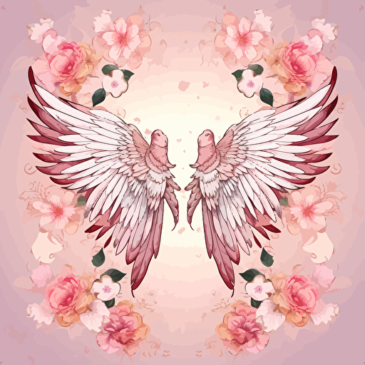 Illustration, one big pair of white angel wings, no body, just the wings, pink flowers outside the wings, simle mandala background, waterhouse style, vector