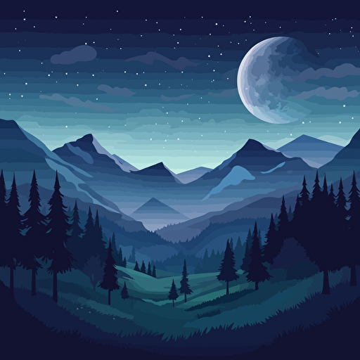 wide landscape scene of night sky. Mountains and trees. 2D vector illustration.
