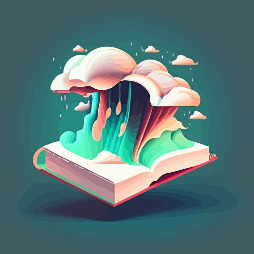 a dream-like cloud growing out of a book, illustration style, low angle, flat art, vector, imagination