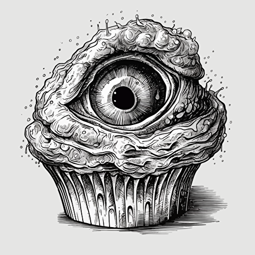 Eyeball Cupcake,Horror art, High Resolution, Highly Detailed, Comic Book art, No Color, Black and White, Ink Pen, Heavy Shadows, Sticker,Vector