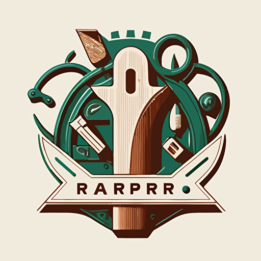 "R", carpenter tools emblem, Tom Whalen, flat, whimsical, Minimal, Contour, Vector, White Background, Detailed ar 1:1