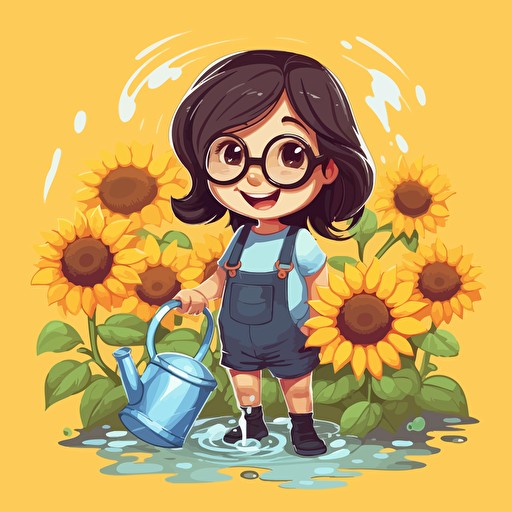 A child happily watering a vibrant sunflower in a lush garden, sunflower smiles, sunflower wears sunglasses, vector logo design